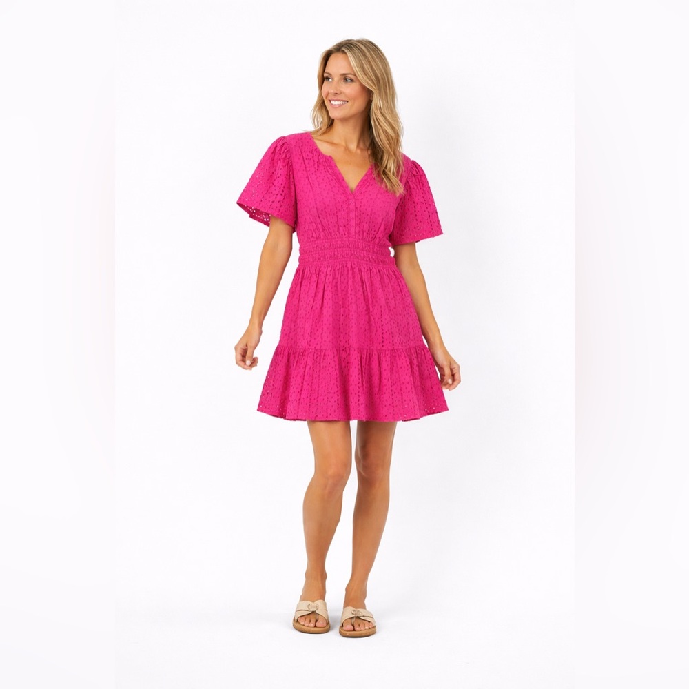 Crown & Ivy Hot Pink Eyelet V-Neck Mini Dress